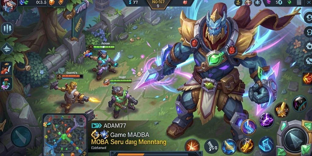 Tampilan gameplay ADAM77 saat pertarungan MOBA yang seru dan mendebarkan.