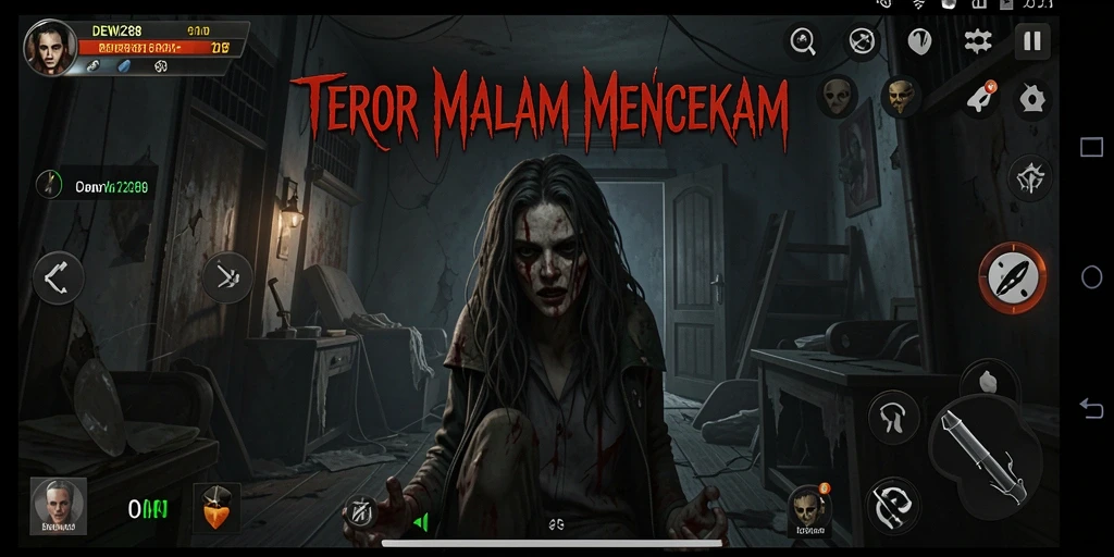 Screenshot gameplay DEWI288 menampilkan suasana horror yang mencekam.