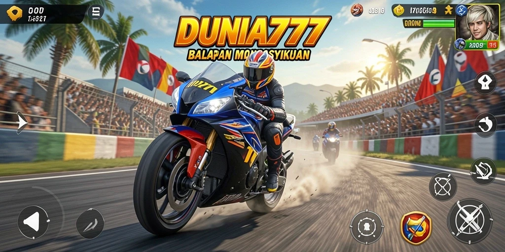 Tampilan gameplay seru DUNIA777 dengan balapan motor yang menegangkan.