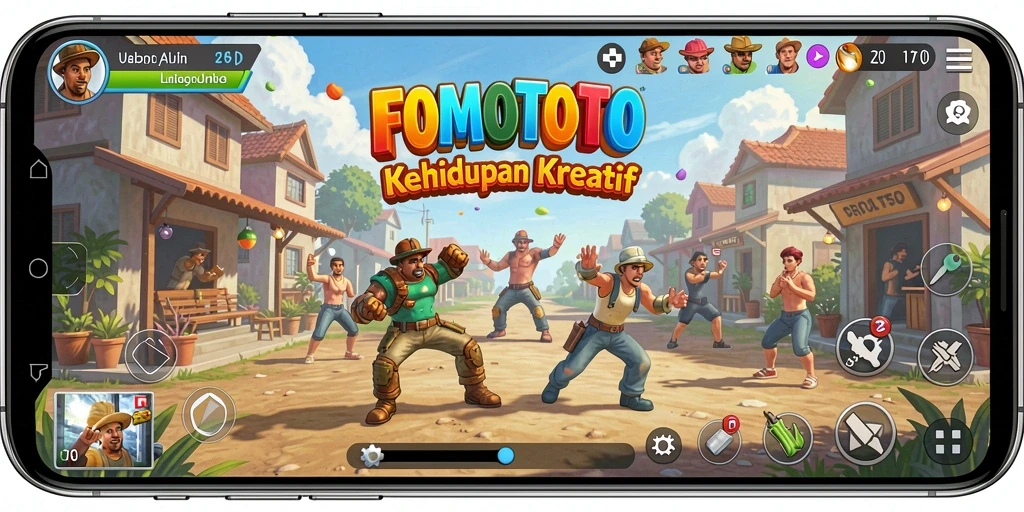 Screenshot gameplay FOMOTOTO menunjukkan dunia simulasi yang kaya dan interaktif.
