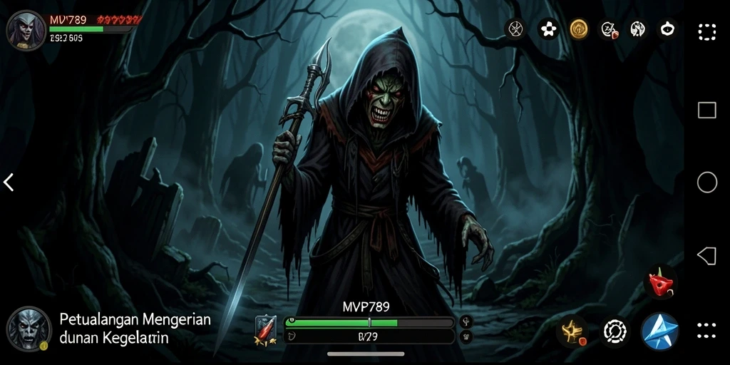 Screenshot gameplay menampilkan suasana mencekam dan petualangan horor.