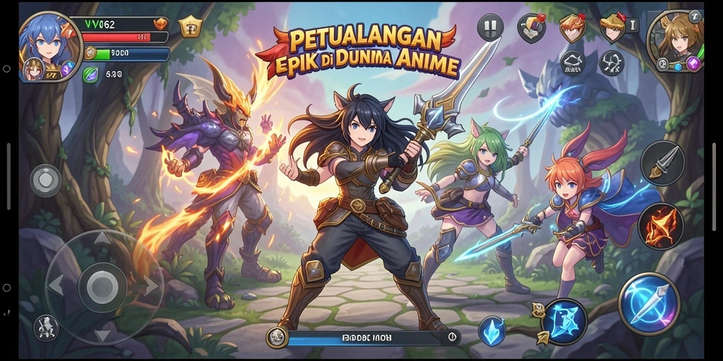 Tangkapan layar gameplay VV62 menampilkan karakter anime yang sedang bertarung secara dinamis.