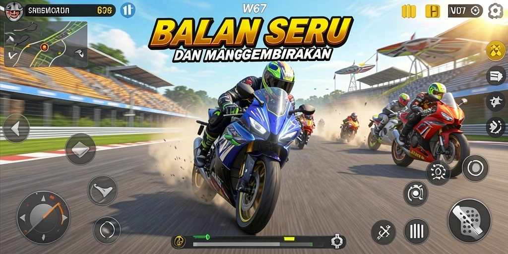 Gambaran gameplay seru dalam balap motor di W67.